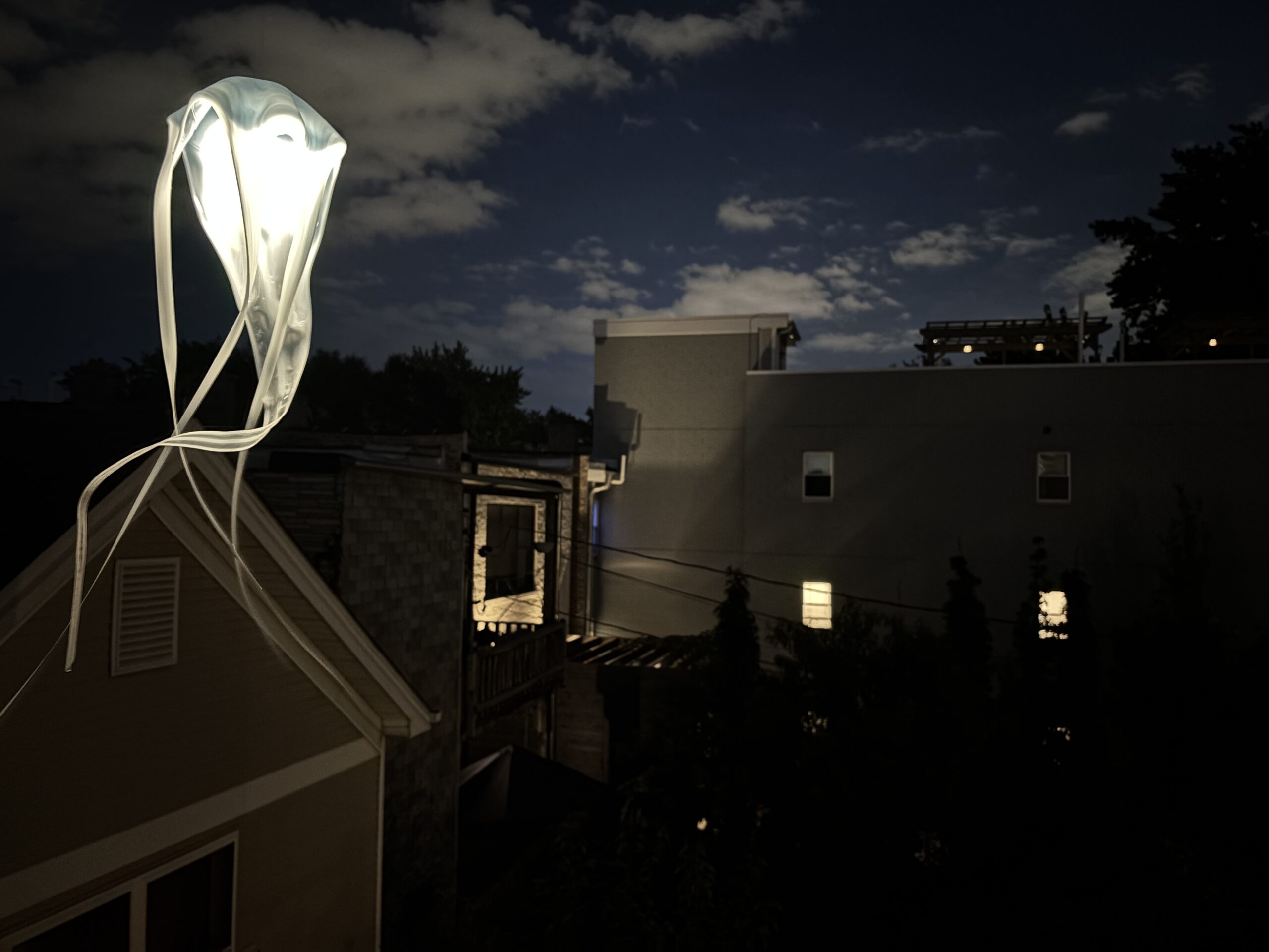 Pearl white jellyfish hanging lamp glowing against a night sky above neighborhood rooftops